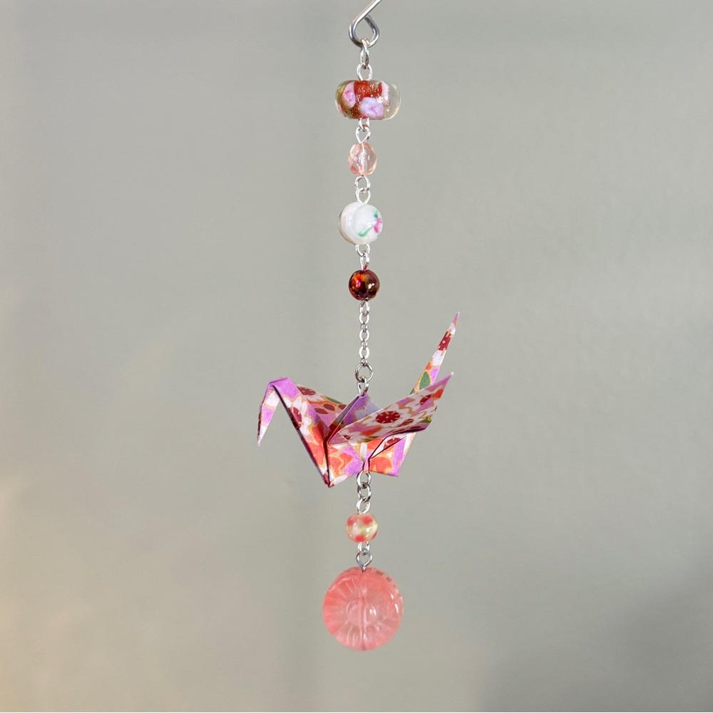 Origami Ornament #2402 - Small Crane with Glass and Stone Beads